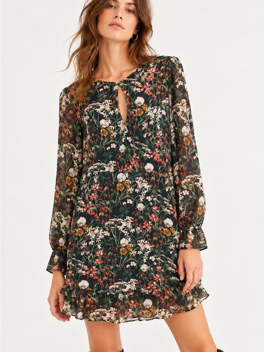 Scotch & Soda Dark Green Floral Tiered Long-Sleeve Tunic